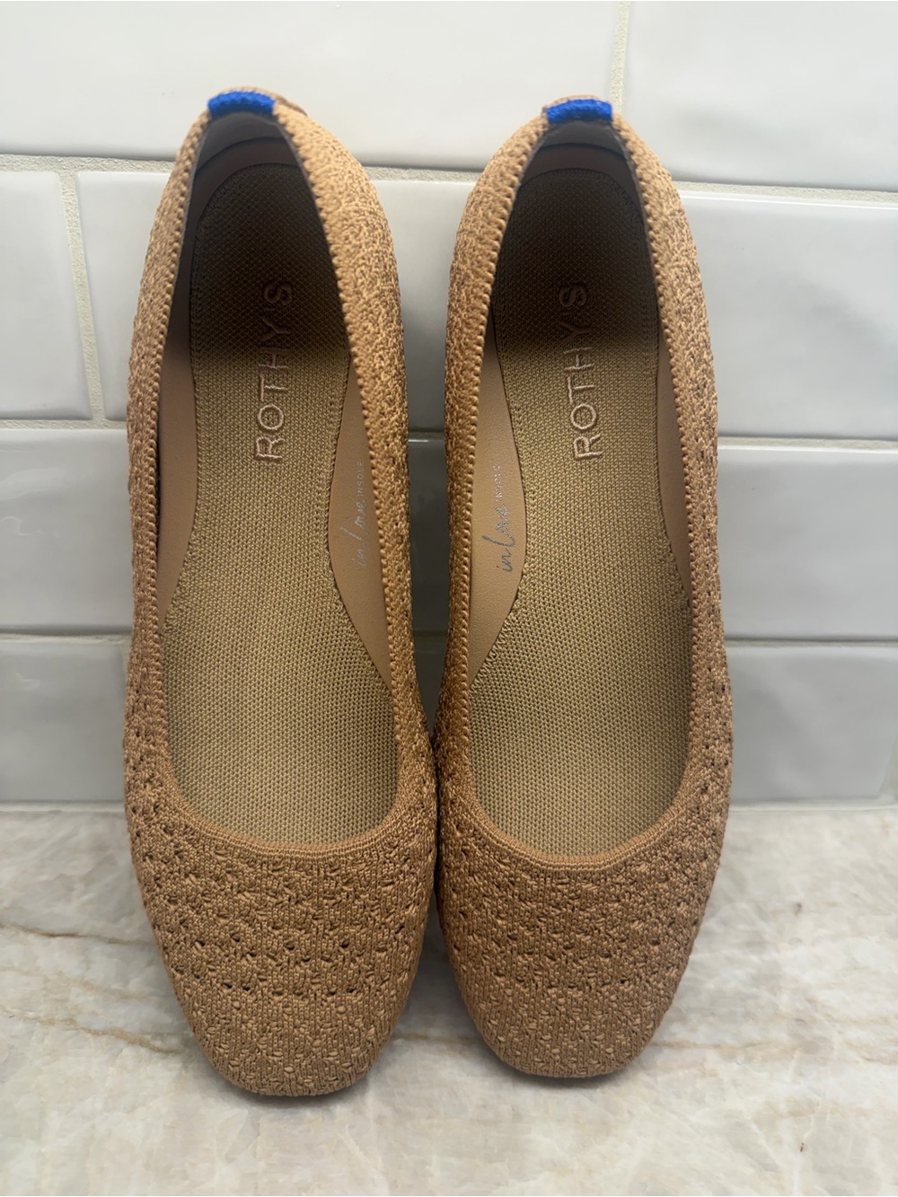 Rothy's Tan Knit Square-Toe Ballet Flats with Blue Heel Tab